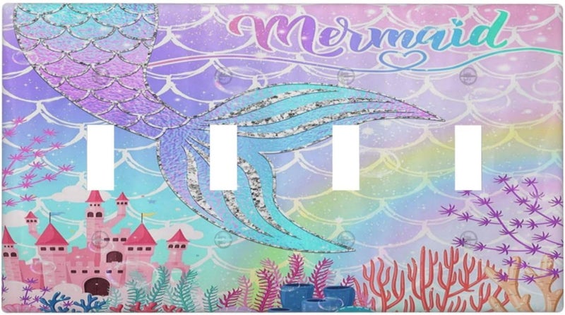 Sghxwp Silvery Glitter Cute Mermaid Tail Fantasy Castle Quad Toggle Light Switch Covers 4 Gang Wall Plate Decorative Switchplate Electrical Faceplate for Kidroom Nursery Bedroom Kitchen Decor - Image 1